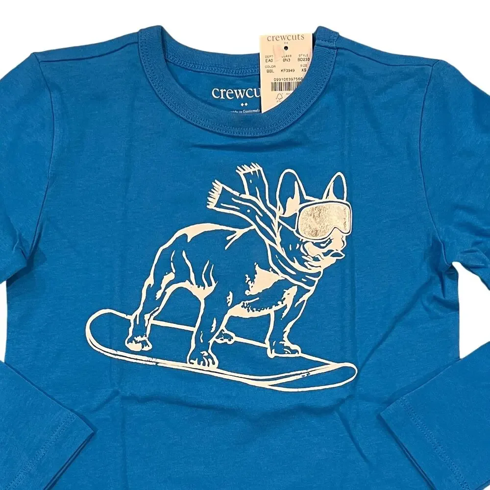 **NWT J. Crew Boys' Bright Blue W/Snowboard Dog Graphic Long Sleeve Tee